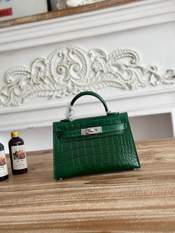 Hermes Kelly Bag 19cm Calfskin Green Silver