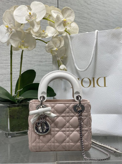 Qixi Mini Lady Dior Bag with Chain, M0505 Pink and White Cannage Lambskin