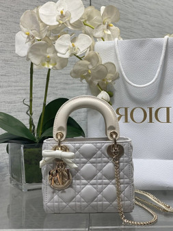 Qixi Mini Lady Dior Bag with Chain, M0505 White and Beige Cannage Lambskin