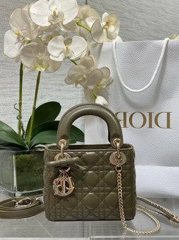 Mini Lady Dior Bag with Chain, M0505 Dark Green Cannage Lambskin