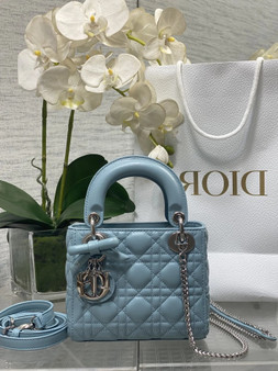 Mini Lady Dior Bag with Chain, M0505 Blue Cannage Lambskin Silver