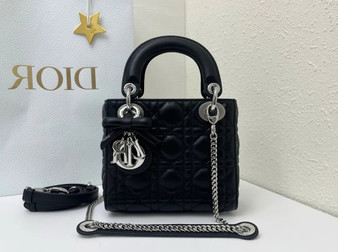 Mini Lady Dior Bag with Chain, M0505 Black Cannage Lambskin Silver