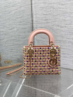 Mini Lady Dior Bag M0505 Pink Satin Embroidered