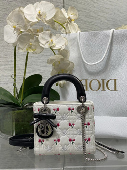 Qixi Mini Lady Dior Bag with Chain, M0505 Cannage Lambskin Black White