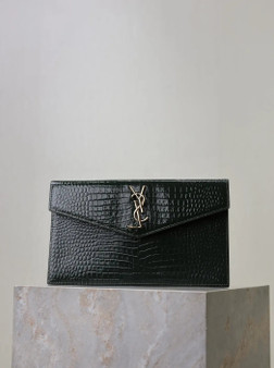 YSL UPTOWN pouch, 5657391 in crocodile embossed shiny leather green