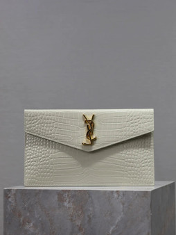 YSL UPTOWN pouch, 5657391 in crocodile embossed shiny leather white