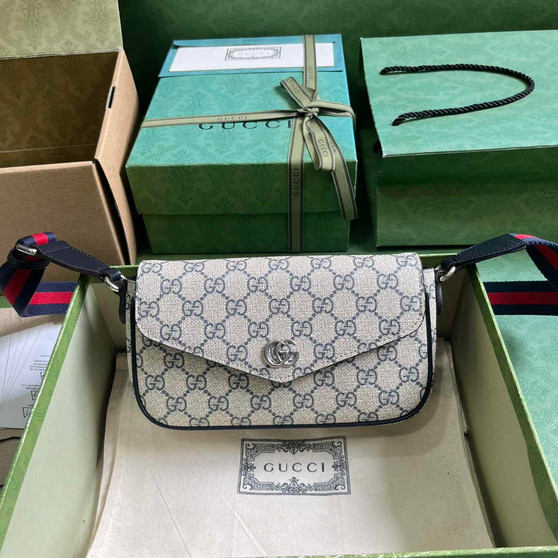 Gucci Ophidia mini bag 764961 in Beige and blue GG Supreme canvas - Default Title - View 1