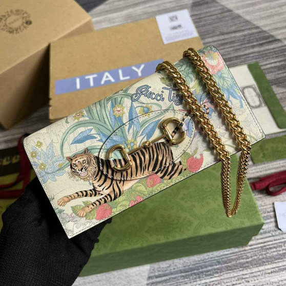 Gucci �?21892 Horsebit 1955 wallet with chain tiger beige leather