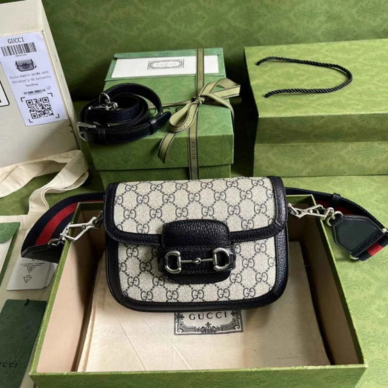 Gucci 658574 Horsebit 1955 GG mini bag Beige and blue GG Supreme canvas - Default Title - View 1