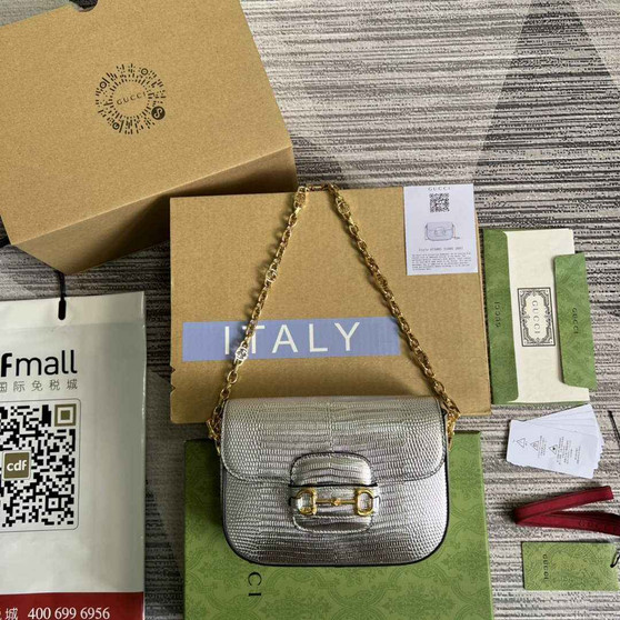 Gucci 675801 Horsebit 1955 lizard mini bag silver leather - Default Title - View 1