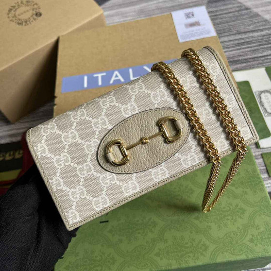 Gucci ‎621892 Horsebit 1955 wallet with chain apricot GG Supreme - Default Title - View 1