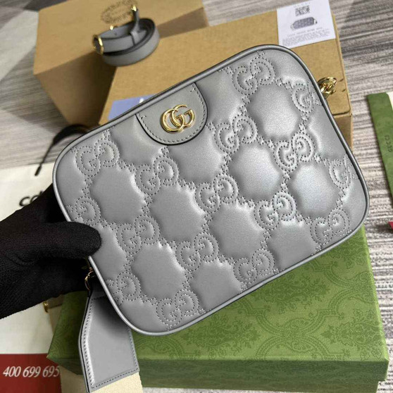 Gucci 702234 GG Matelassé leather shoulder bag Gray - Default Title - View 1