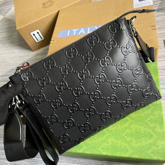 Gucci 696009 GG embossed medium messenger bag black - Default Title - View 1