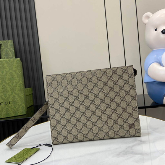 Gucci GG pouch with grey trim, 768255 brown GG Supreme canvas - Default Title - View 1