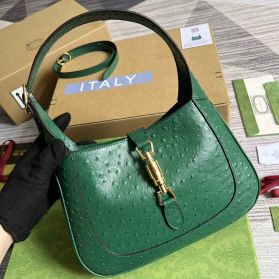 Gucci ‎636709 Jackie 1961 small shoulder bag ostrich green leather - Default Title - View 1