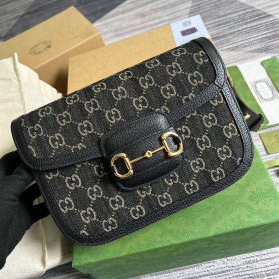 Gucci 602204 Horsebit 1955 shoulder bag Black and ivory GG denim jacquard