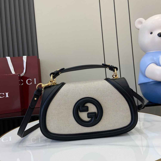 Gucci Blondie small top handle bag in beige cotton black leather 815714