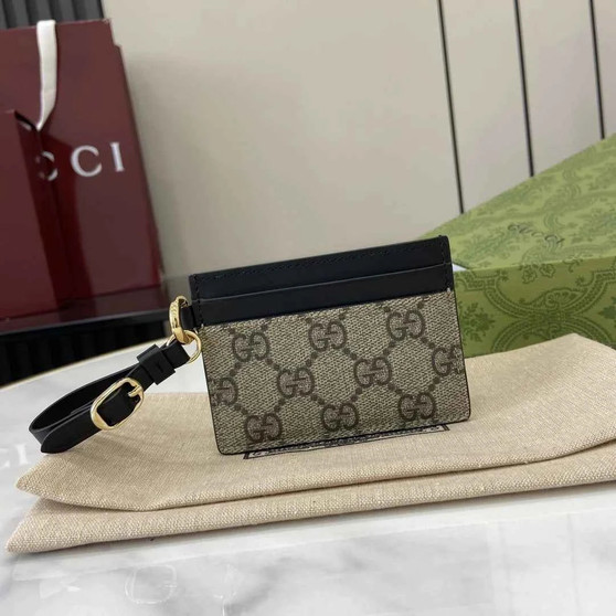 Gucci GG Emblem card case with strap 819121 beige and black fabric