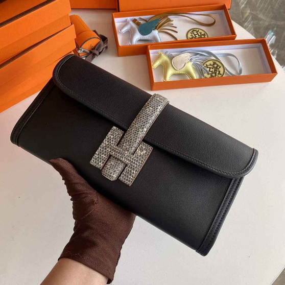 Hermes Jige Elan 29cm Wallet Clutch Swift Leather lizard Black - Default Title - View 1