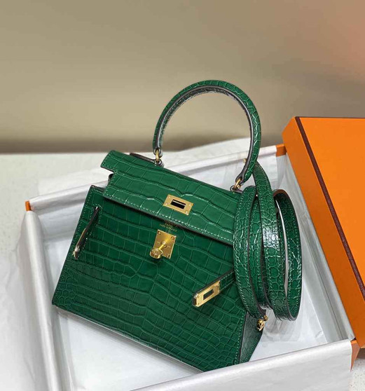 Hermes Kelly Bag 20 Green Crocodile Leather Gold Hardware H7302 - Default Title - View 1