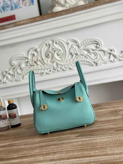 Hermes Lindy Mini Bag Togo Leather Blue Green Gold H68619 - Default Title - View 1