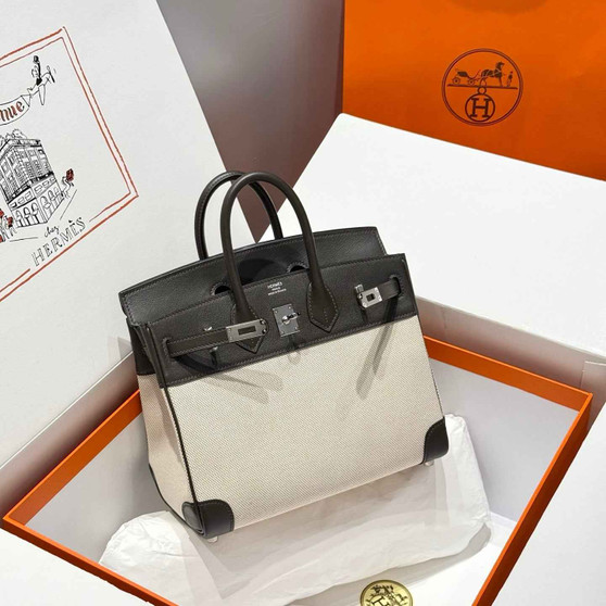 Hermès Birkin Bag 25cm Black Swift Leather Canvas Silver Hardware - Default Title - View 1
