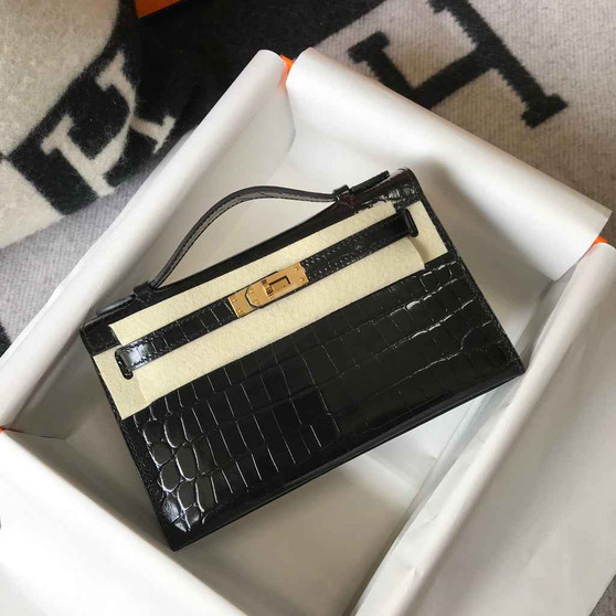 Hermes Kelly Mini II Bag 22 Black Crocodile Leather Gold half Handmade - Default Title - View 1