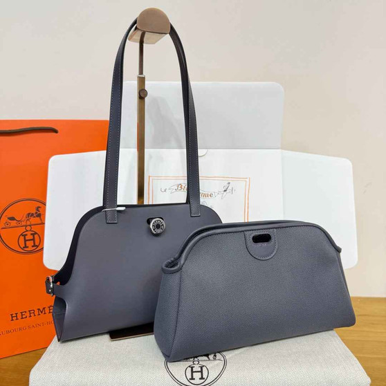 Hermes Tablier sellier Bag Gray Swift calfskin and H canvas Silver hardware - Default Title - View 1