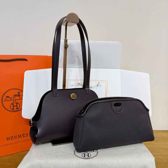 Hermes Tablier sellier Bag Coffee Swift calfskin and H canvas Gold hardware - Default Title - View 1