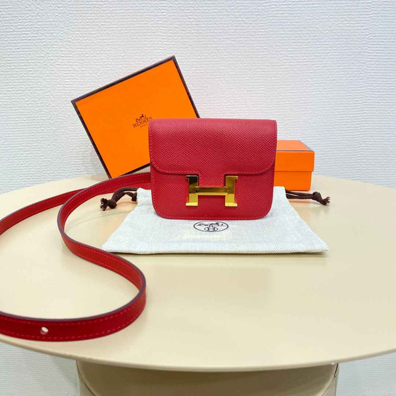 Hermes Constance Slim Wallet Red Epsom Leather Gold H082080 - Default Title - View 1
