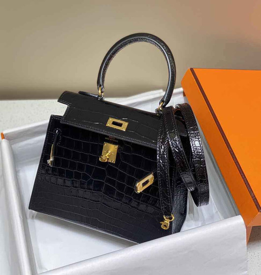 Hermes Kelly Bag 20 Black Crocodile Leather Gold Hardware H7305 - Default Title - View 1
