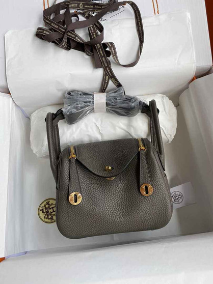 Hermes Lindy Mini Bag Dark Gray Togo Leather Gold Hardware H8626 - Default Title - View 1
