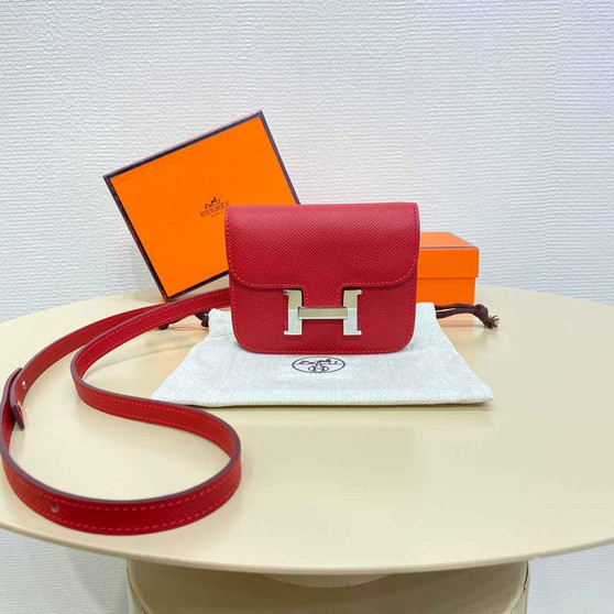 Hermes Constance Slim Wallet Red Epsom Leather Silver H082081 - Default Title - View 1