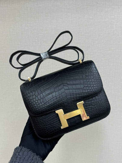 Hermes Constance Crocodile Leather Bag Black Gold H282275 - 19cm - View 1