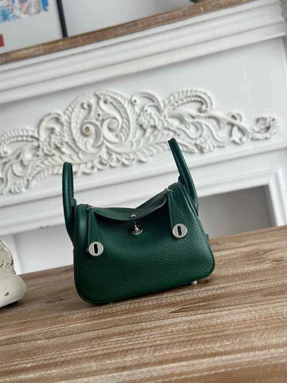 Hermes Lindy Mini Bag Dark Green Togo Leather Silver H68639 - Default Title - View 1