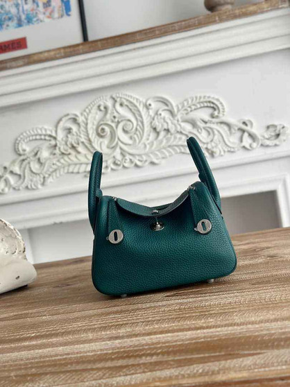 Hermes Lindy Mini Bag Green Togo Leather Silver H68633 - Default Title - View 1