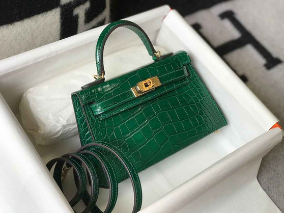 Hermes Kelly Mini II Bag 19 Gold Hardware with Green Crocodile Leather - Default Title - View 1