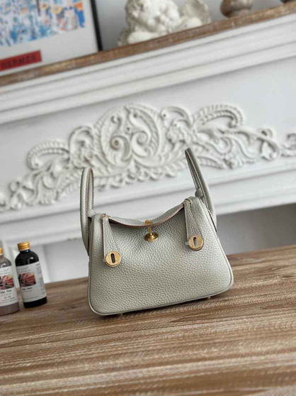 Hermes Lindy Mini Bag Light Gray Togo Leather Gold H68652 - Default Title - View 1