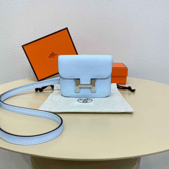 Hermes Constance Slim Wallet Light Blue Epsom Leather Silver H082077 - Default Title - View 1