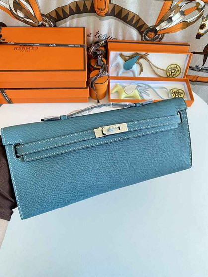 Hermès Kelly Cut Clutch 31cm Epsom Leather Blue Silver - Default Title - View 1