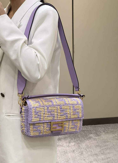 Fendi 8BR600 Baguette Purple raffia with crocheted FF