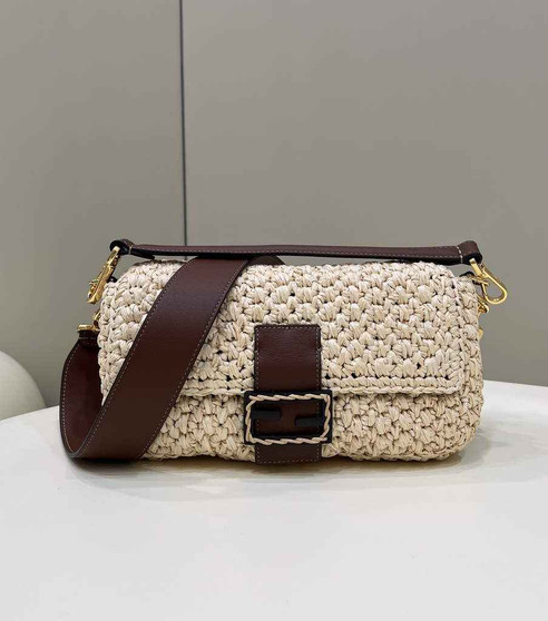 Fendi 8BR600 Baguette Dark Beige raffia with crocheted FF