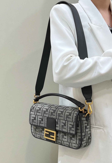 Fendi 8BR600 Baguette Black FF tapestry fabric bag