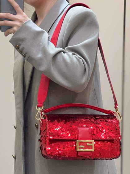 Fendi 8BR600 Baguette Red sequin and leather bag