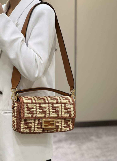 Fendi 8BR600 Baguette Tan raffia with crocheted FF