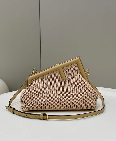 Fendi First Small 8BP129 Beige raffia macrame bag