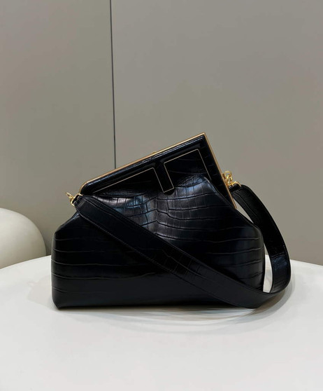 Fendi First Medium 8BP127 Black laqué crocodile leather bag