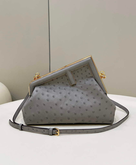 Fendi First Small 8BP129 Gray ostrich leather bag