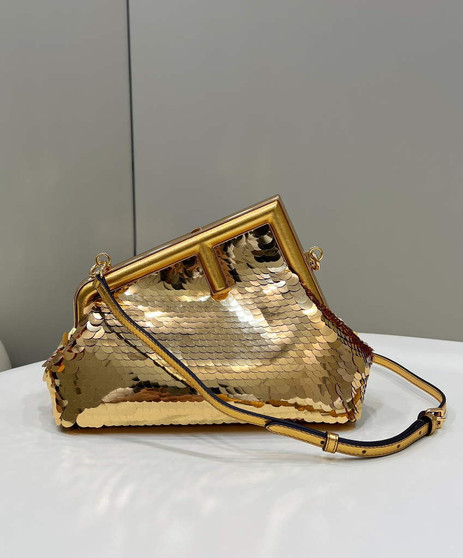 Fendi First Small 8BP129 Gold-colored leather sequinned bag