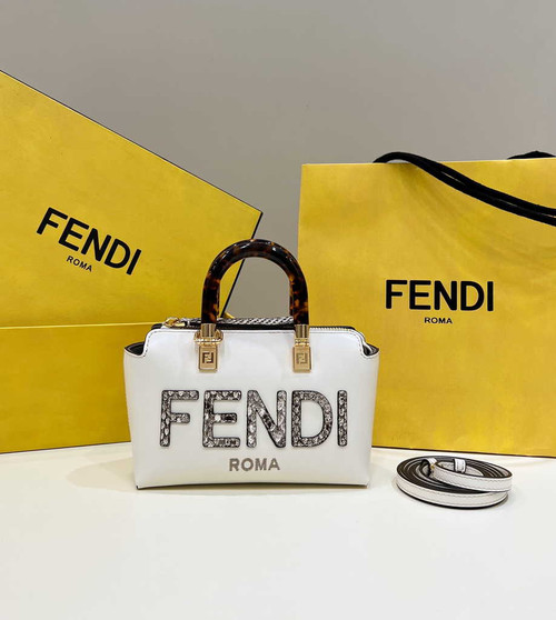 Fendi 8BS067 By The Way Mini Small white leather and elaphe Boston bag